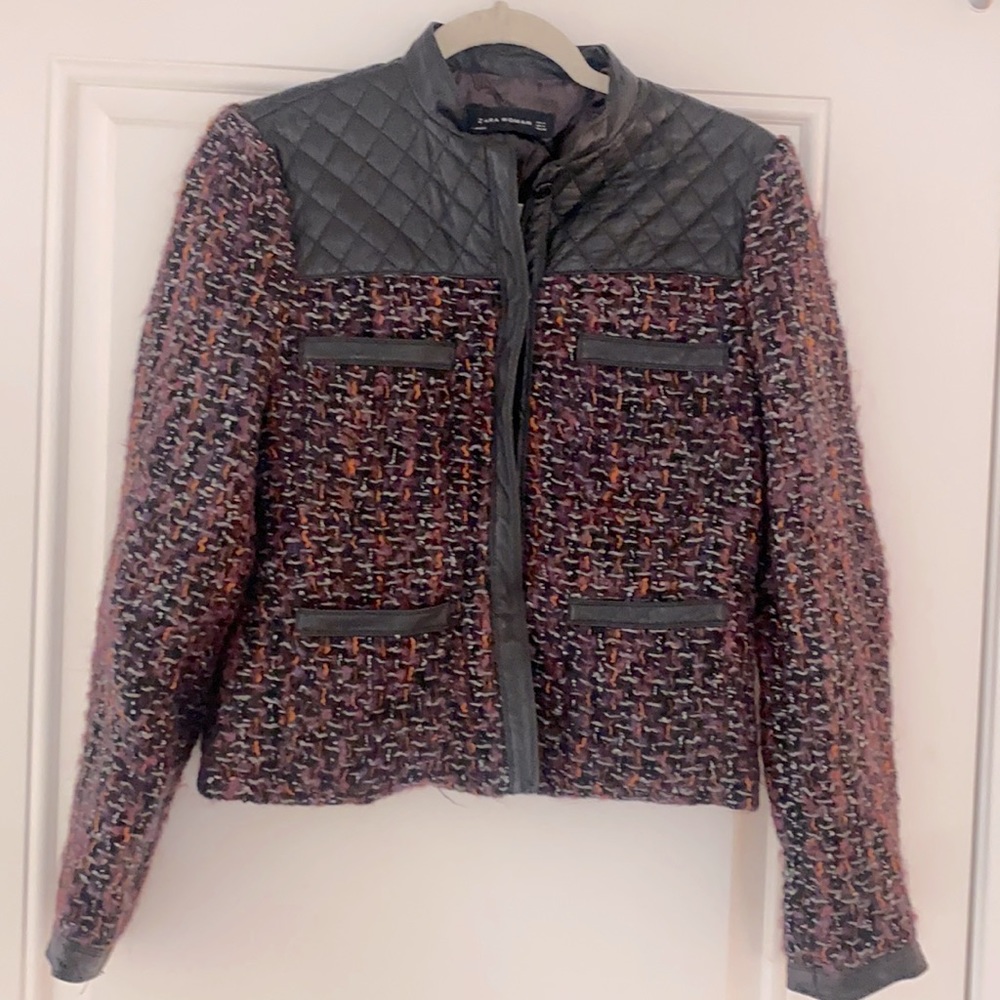 Cropped Tweed Zara Women Jacket w/quilted leather